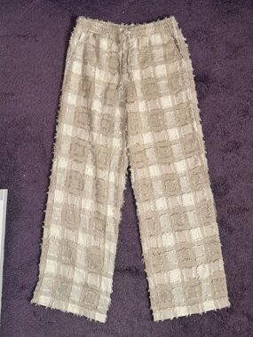 Frayed Check Wide-Leg Trousers in Beige-Cream